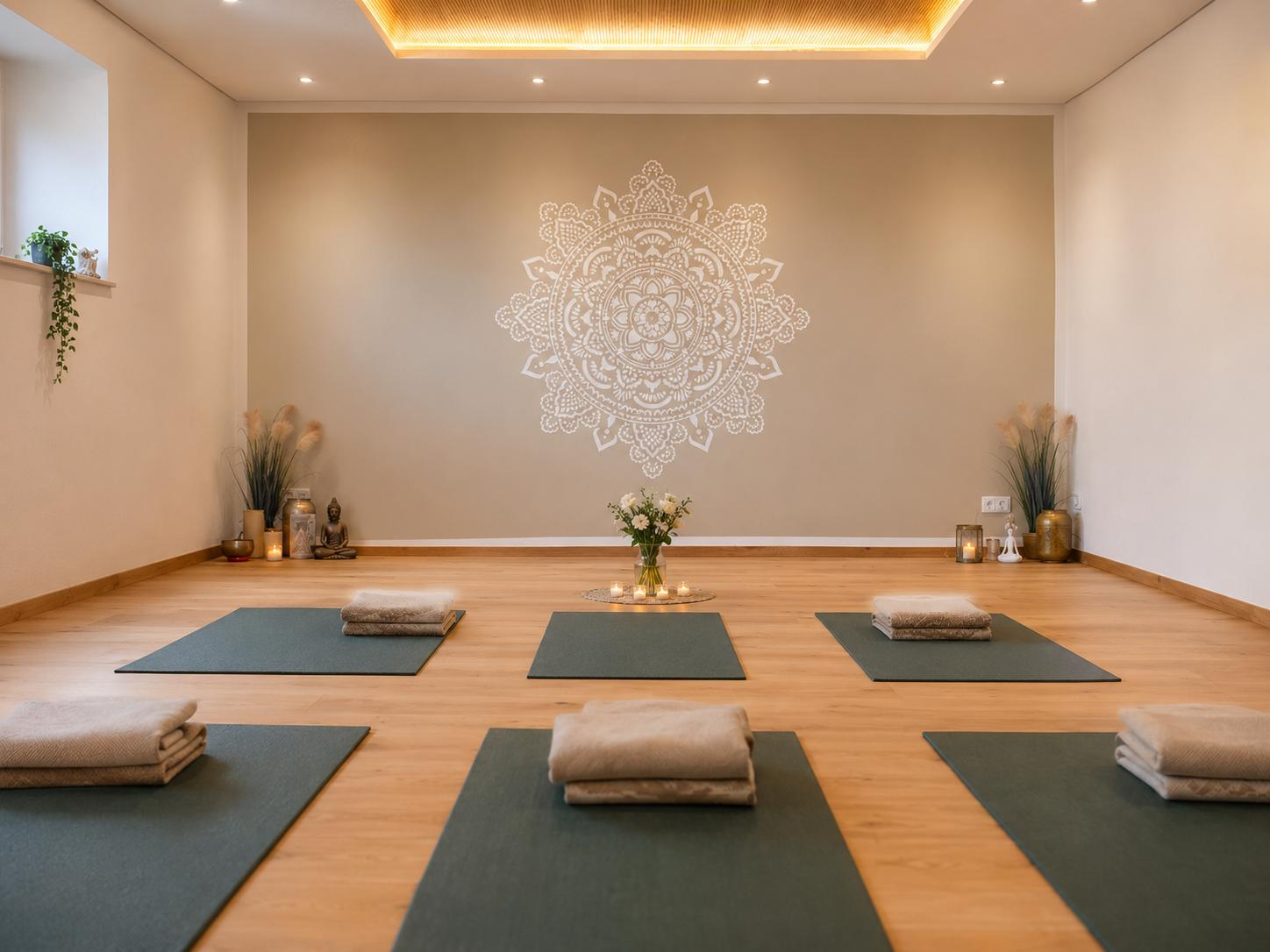 Yogaraum mit Mandala an der Wand, Matten, Decken und Kerzen