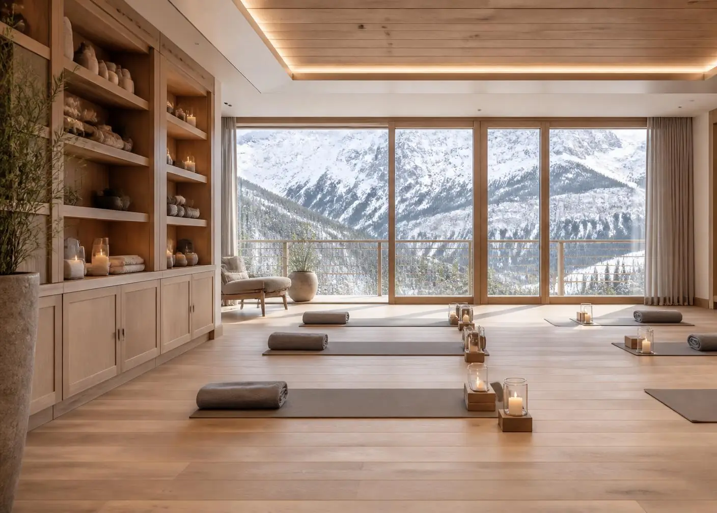 Yogaraum in einem alpinen Luxushotel mit Panoramablick auf verschneite Berge